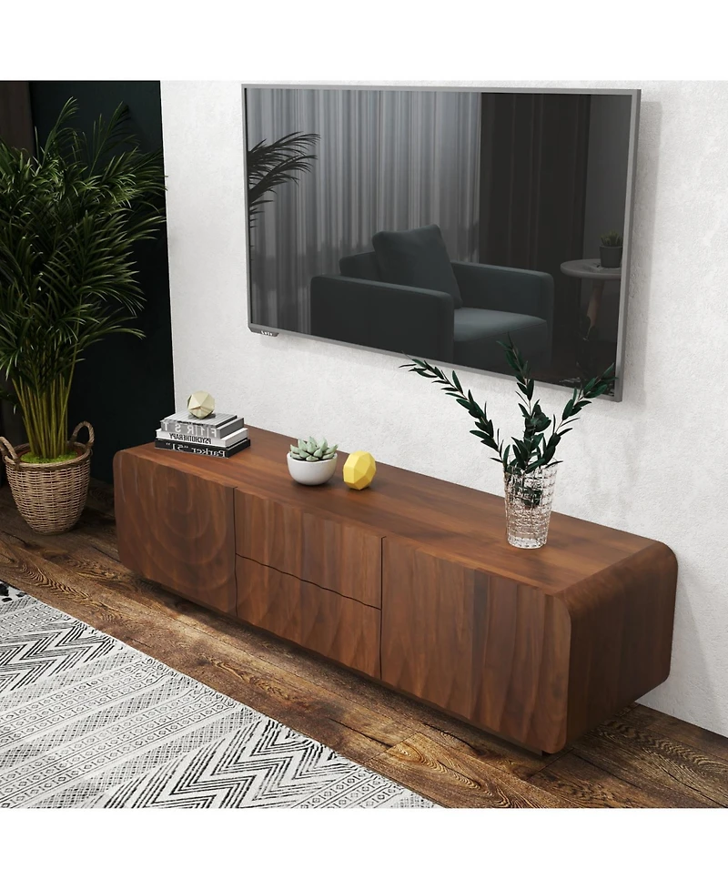 Rainsken 58 inch Tv Stand, Spiral Wave Design, With Storage Cabinet And 2 Drawers for 60" , Media Console, Living Dining