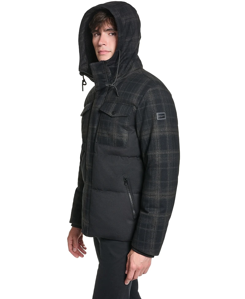 Karl Lagerfeld Paris Men's Mixed Media Hooded Puffer