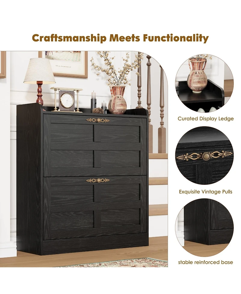 gaomon Entryway Shoe Cabinet with 2 Drop-Front Drawers and Adjustable Shelves, Featuring Cross-Stilts Doors, Country-Style