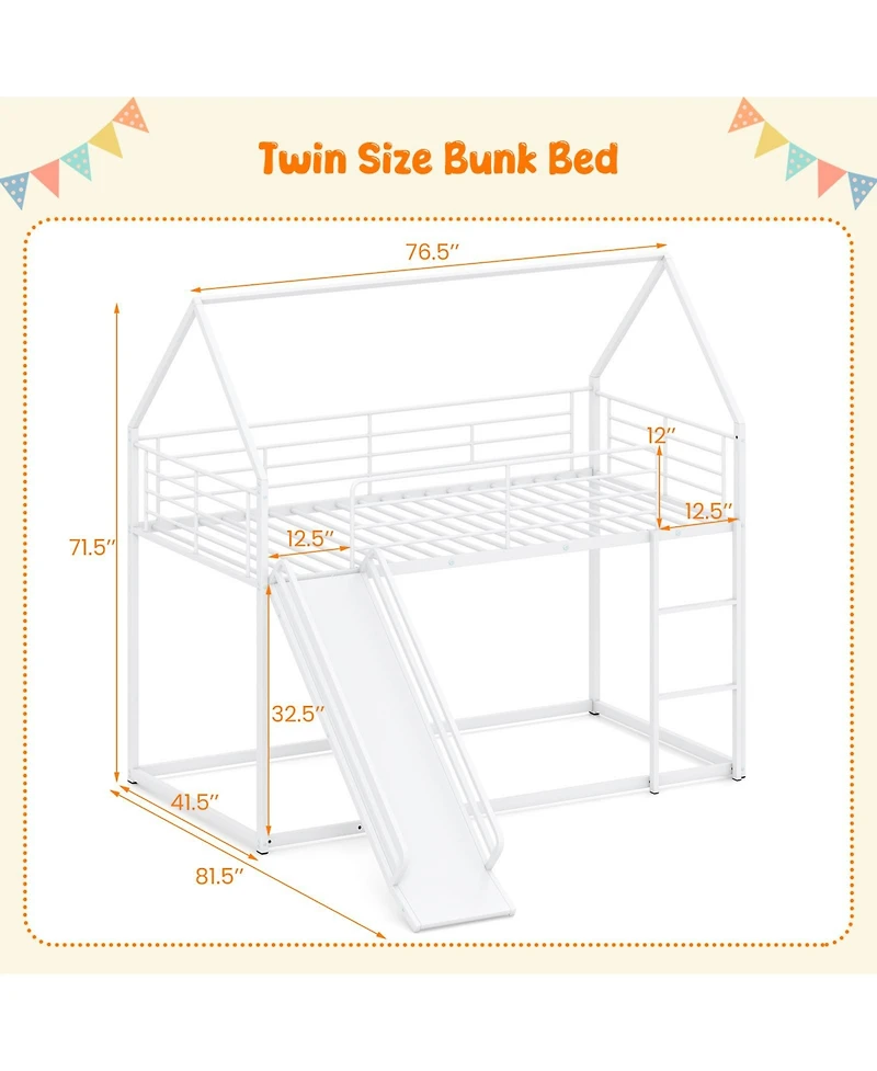 Costway Twin Over Twin Low Bunk Bed House-shaped Metal Bunk Bed Frame with Safety Guardrail