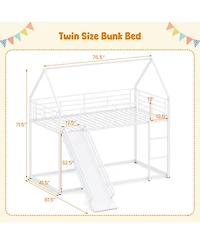 Costway Twin Over Twin Low Bunk Bed House-shaped Metal Bunk Bed Frame with Safety Guardrail