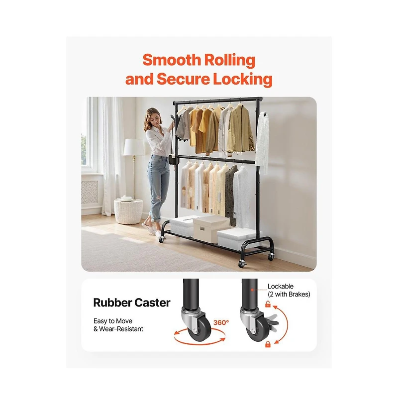 Slickblue Carbon Steel Rolling Garment Rack with Adjustable Rod, Side Hooks and Locking Wheels
