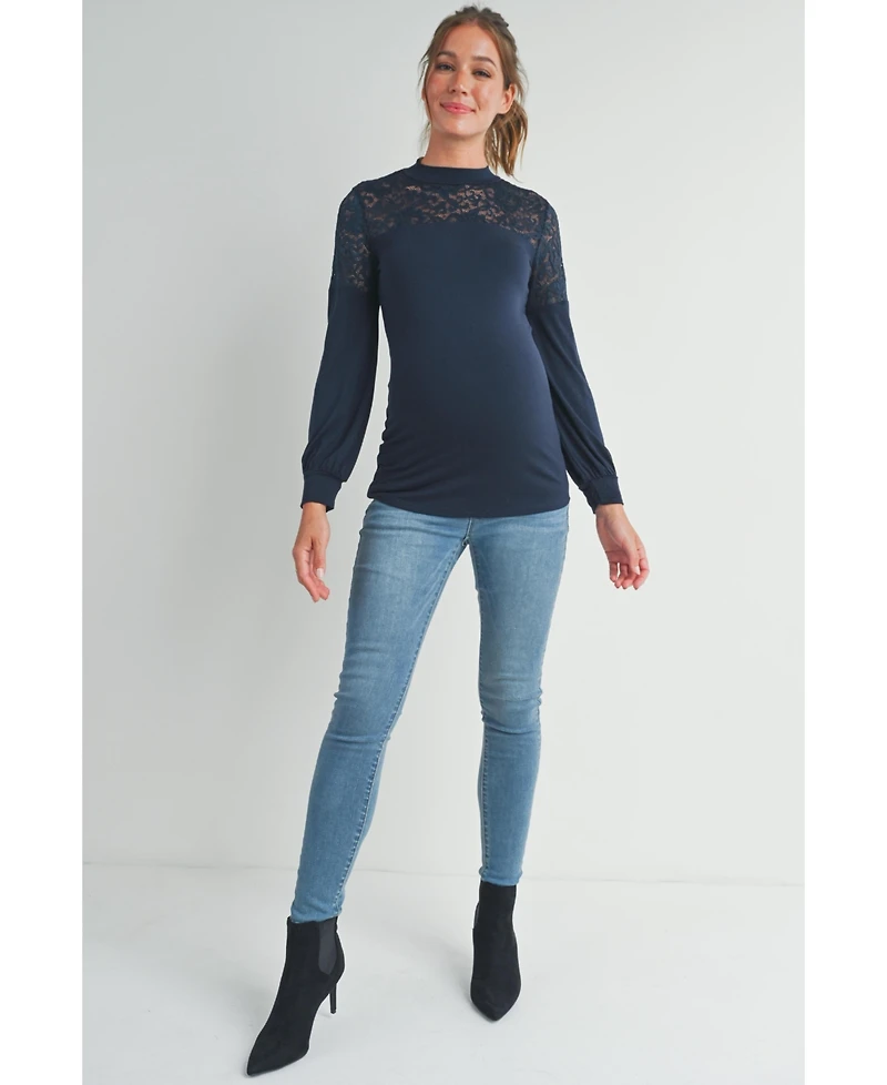 Hello Miz Maternity Floral-Lace Yoke Mock-Neck Long-Sleeve Top