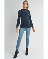 Hello Miz Maternity Floral-Lace Yoke Mock-Neck Long-Sleeve Top