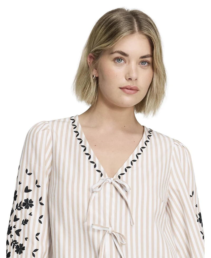 Finery London Women's Karlee Striped Tie-Front Long-Sleeve Top