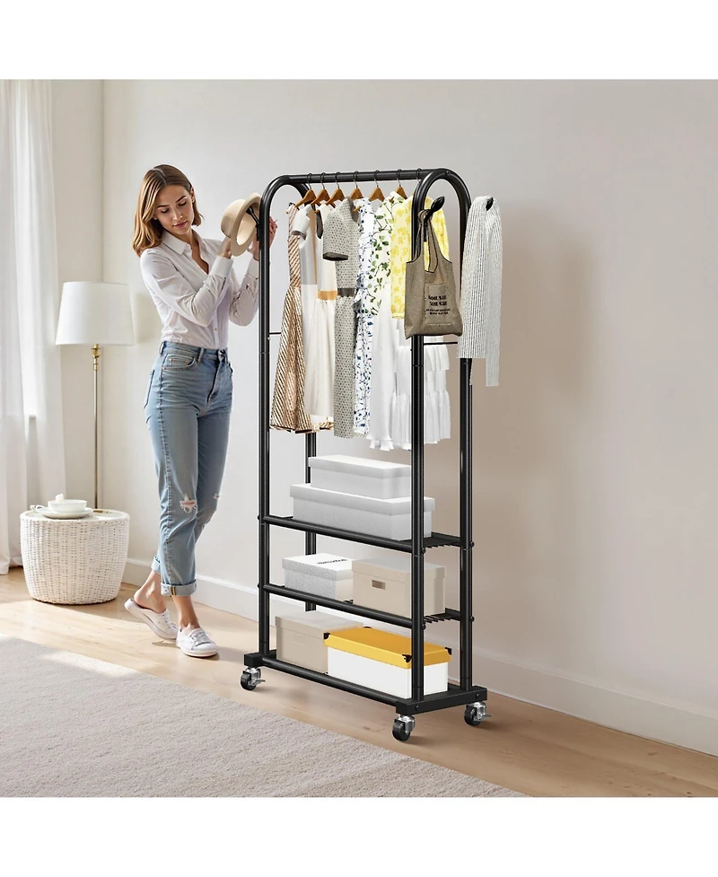 Slickblue Rolling Garment Rack with Hanging Rod, 3 Storage Shelves and Hooks for Laundry Room