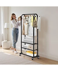 Slickblue Rolling Garment Rack with Hanging Rod, 3 Storage Shelves and Hooks for Laundry Room