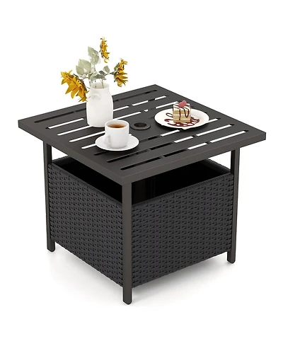 Mecale 22 Steel Slat Side Table with Umbrella Hole and Wicker Storage