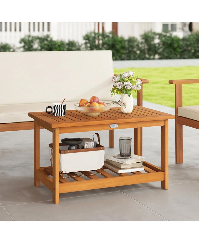 Mecale 29.5 in Acacia 2-Tier Outdoor Coffee Table with Open Shelf