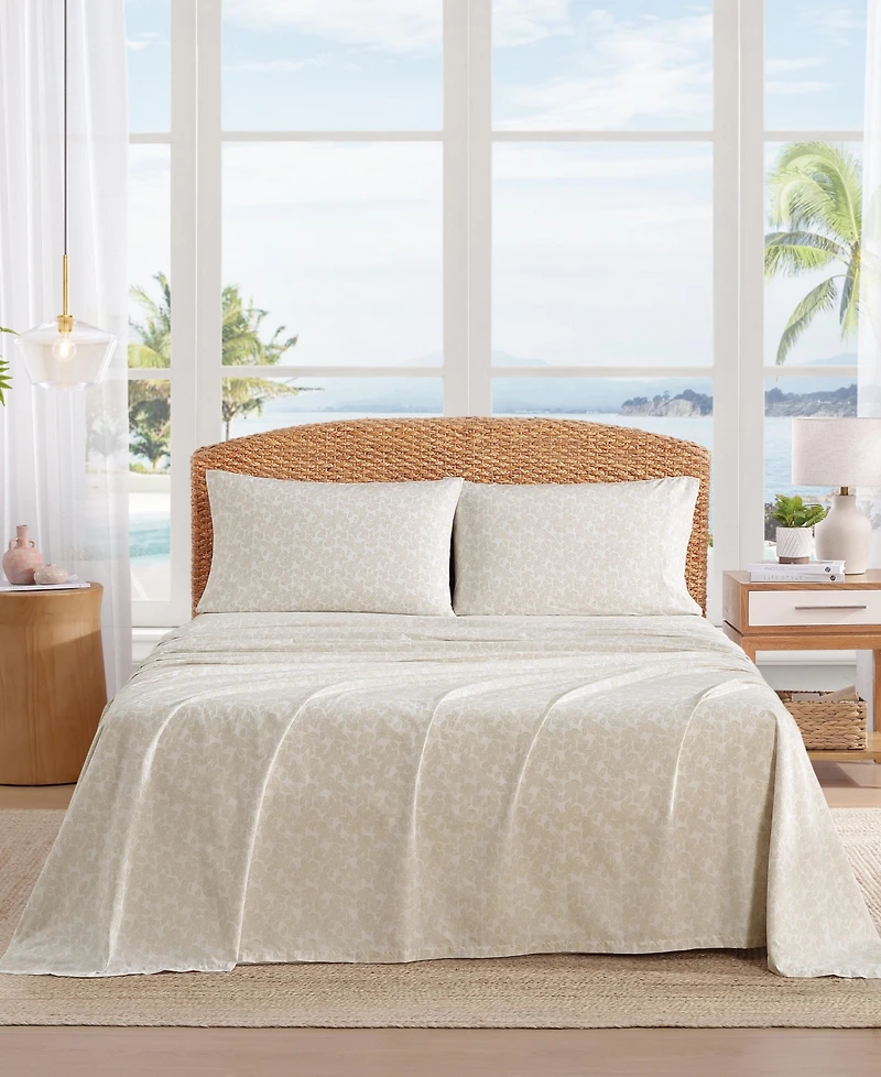 Tommy Bahama Home Frond Voyage Washed Percale 100% Cotton Breathable Deep Pocket 4-Piece Sheet Set, Queen