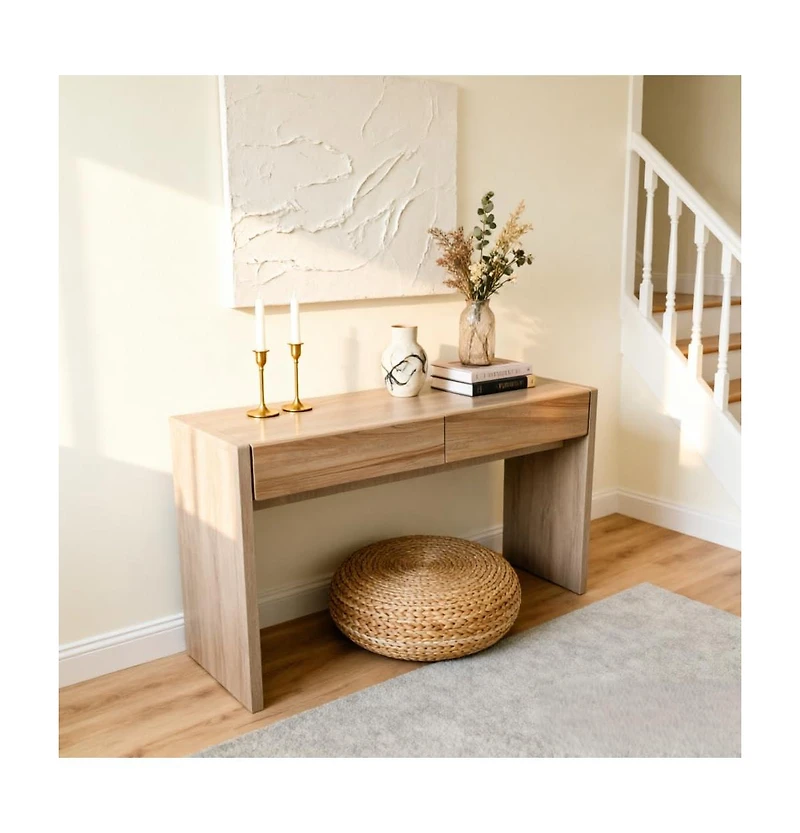 homfan Console Table with 3 Drawers, Thickened Hallway Table with Large Storage for Living Room, Tv Stand, Artificial Board, Wood Grain, Easy Clean