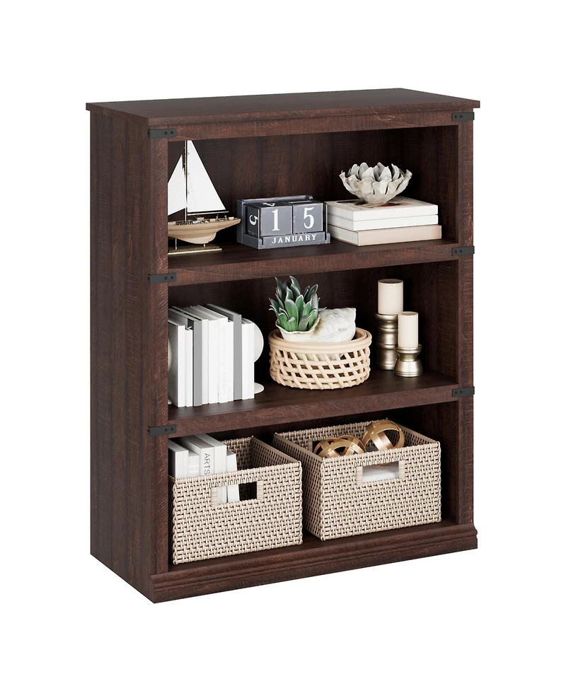 3-Tier Tall Bookcase with Adjustable Shelves, Metal Frame and Closed Back, Retro Farmhouse Bookshelf for Living Room, Bedroom or Home Office