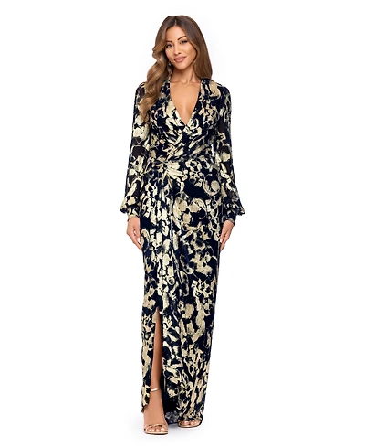 Betsy & Adam Women's Floral Long-Sleeve Gown