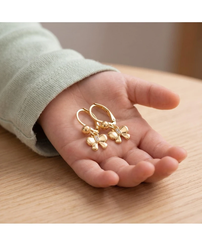 14k Yellow Gold Plated Bow Dangling earrings with Red Cubic Zirconia For Kids