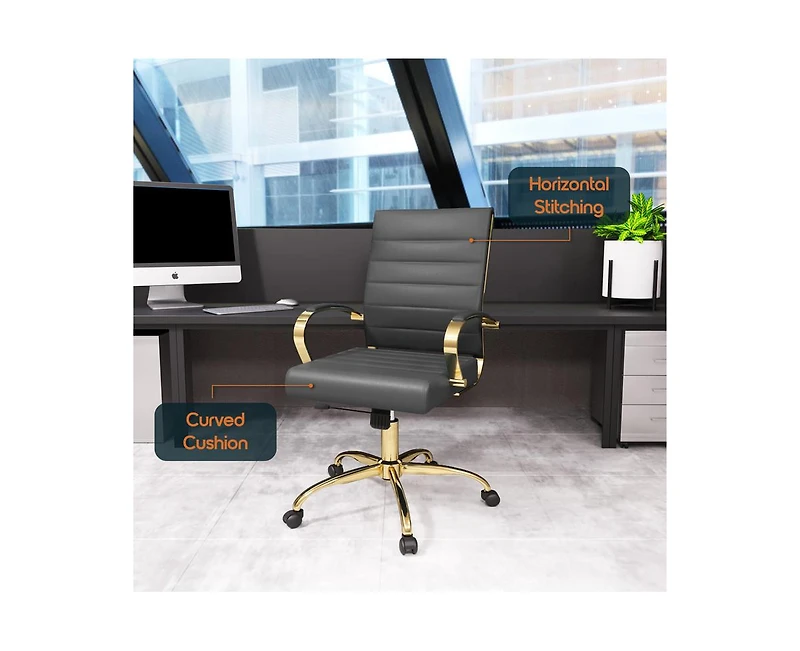 LeisureMod (Set of 2) Benmar Leather Office Chair with Gold Accents, Adjustable Height, Swivel Ergonomic Design for Home