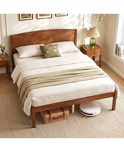 Gymax Full Wooden Platform Bed Frame With Curved Headboard Solid Pine Wood Legs