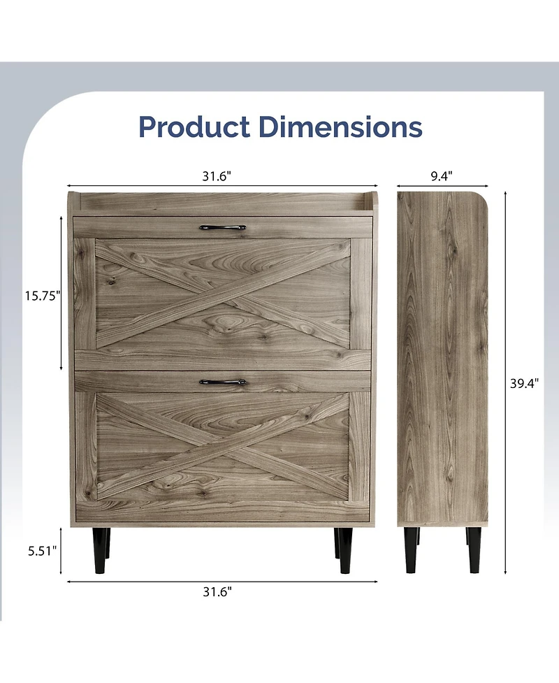 Slickblue 2-Drawer Barn Door Shoe Cabinet with Side Panel and Mdf Top Shelf