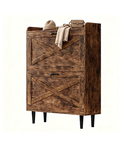 Slickblue 2-Drawer Barn Door Shoe Cabinet with Top Storage Shelf in Mdf