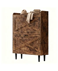 Slickblue 2-Drawer Barn Door Shoe Cabinet with Top Storage Shelf in Mdf