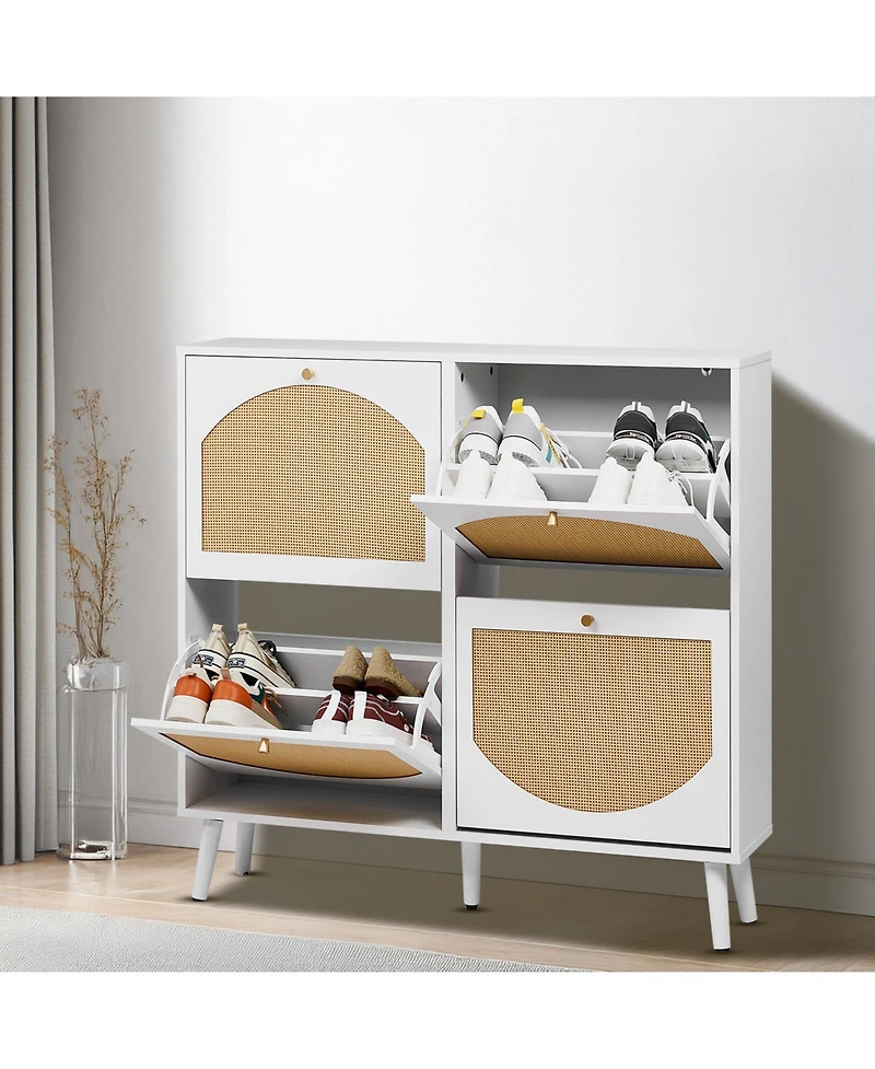 Slickblue 4-Compartment Rattan Shoe Storage Cabinet with Flip Drawers