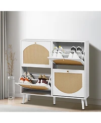 Slickblue 4-Compartment Rattan Shoe Storage Cabinet with Flip Drawers