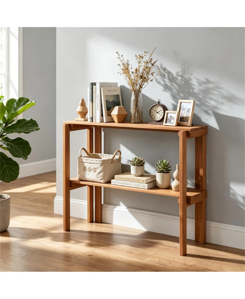 Slickblue 2-Tier Slatted Wood Shoe and Plant Stand with Folding Design