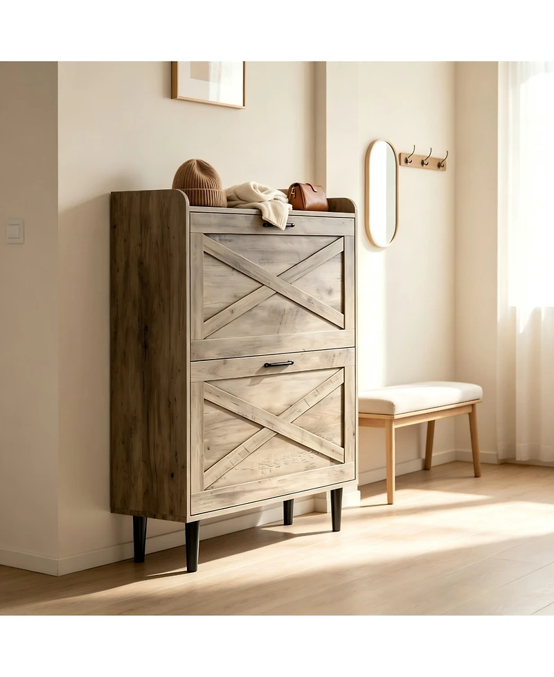 Slickblue 2-Drawer Mdf Shoe Cabinet with Top-Mounted Barn Doors for Entryway
