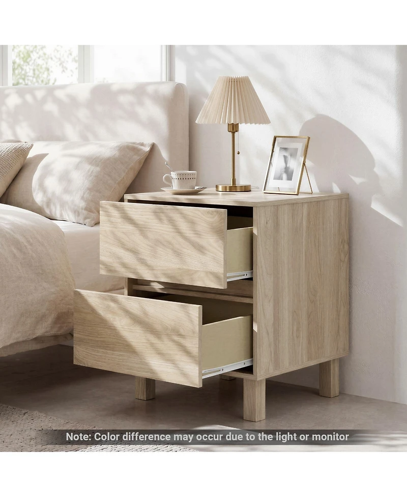 Gymax 2 Pieces Wooden Nightstand Modern End Table with 2 Storage Drawer Santi-Toppling Device