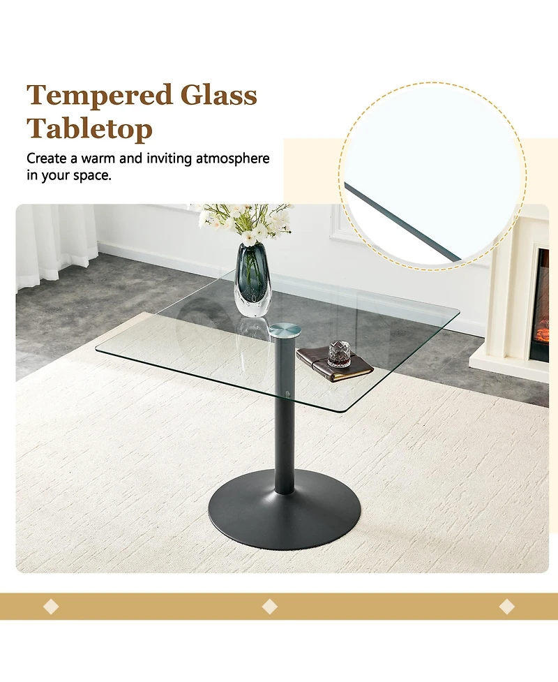 Flynama 5-Piece Square Glass Dining Set, Single-Column Metal Table and 4 Pu Handle Chairs