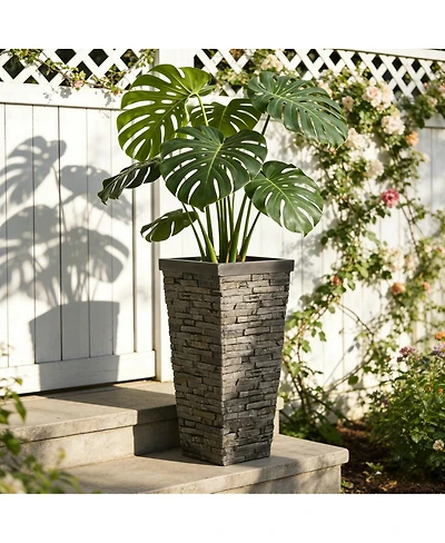 Asagikoiai 30" Tall Square Stacked Stone Texture Planter Mgo Outdoor Pot with Drainage