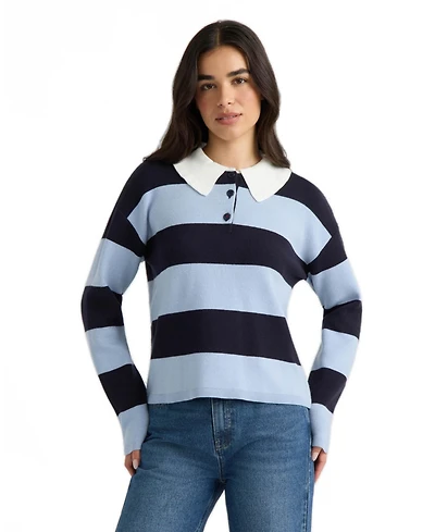 Hunter Women's Long-Sleeve Ruffled Polo Collar Rugby-Stripe Sweater