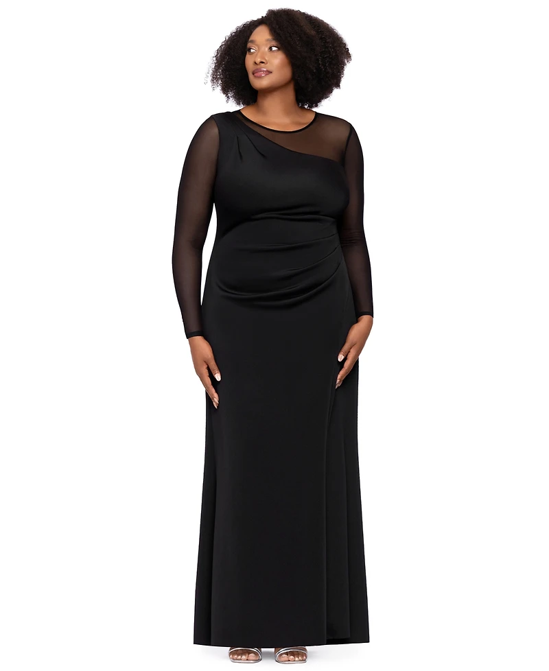 Xscape Plus Wedding Guest Long-Sleeve Mesh Dress