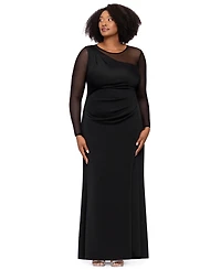 Xscape Plus Wedding Guest Long-Sleeve Mesh Dress