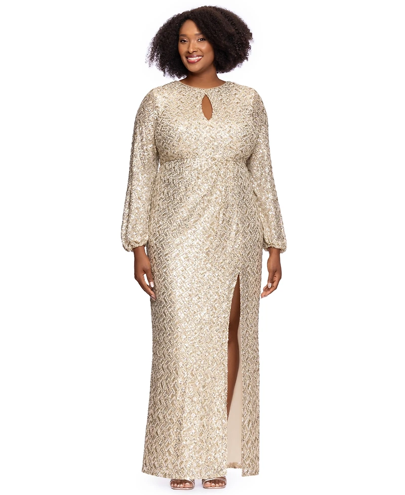 Xscape Plus Allover-Sequin Keyhole Long-Sleeve Gown