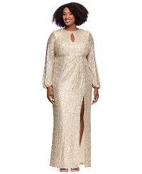 Xscape Plus Allover-Sequin Keyhole Long-Sleeve Gown