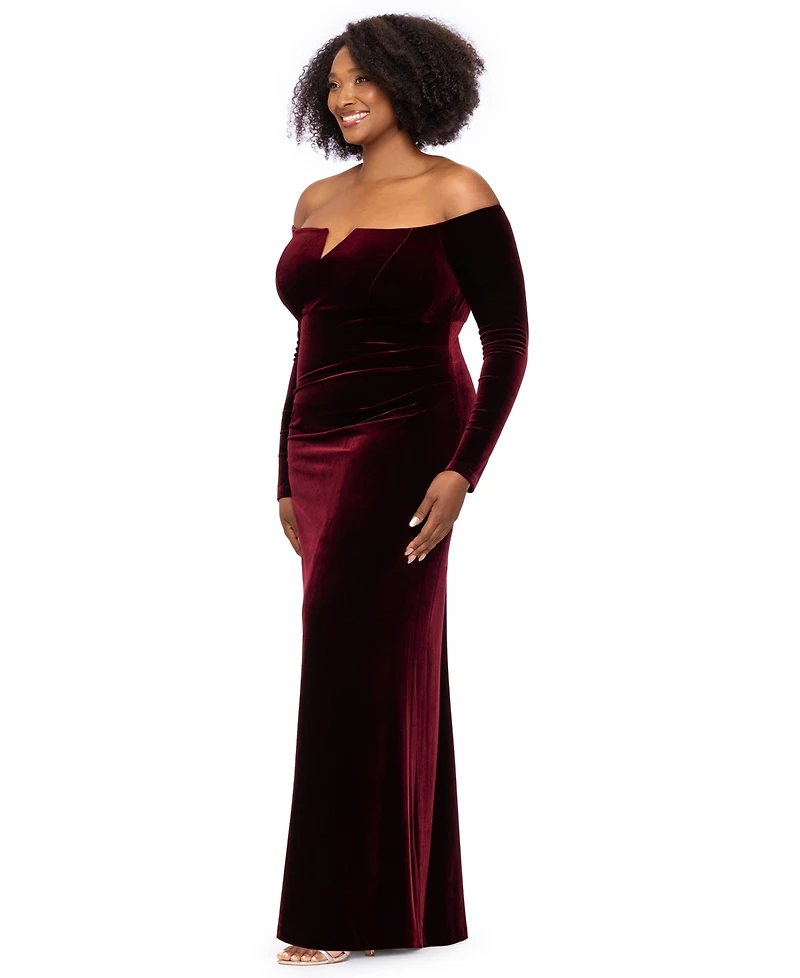Xscape Plus Off-the-Shoulder Velvet Long-Sleeve Gown