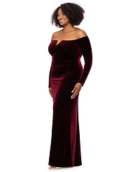 Xscape Plus Off-the-Shoulder Velvet Long-Sleeve Gown