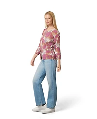 Cable & Gauge Women's Floral Animal Print 3/4-Sleeve Crewneck Cardigan