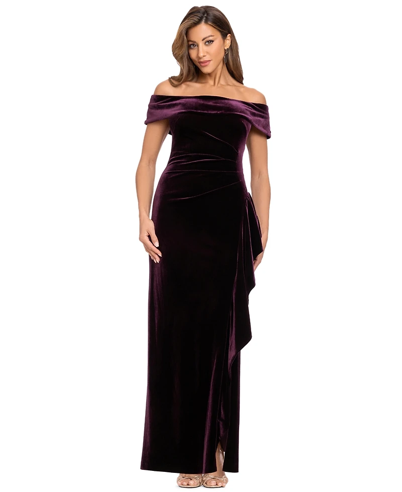 Xscape Women's Velvet Off-the-Shoulder Ruffle Gown