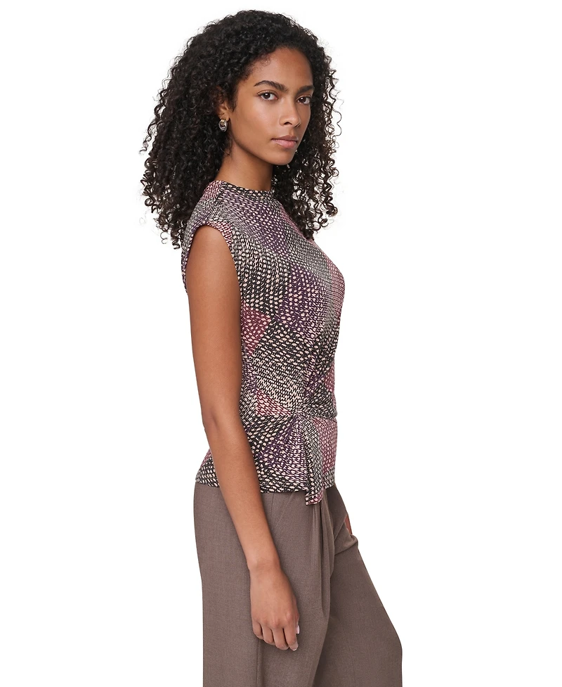 Dkny Petite Mock Neck Geometric-Print Ruched Sleeveless Blouse