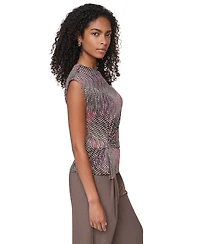 Dkny Petite Mock Neck Geometric-Print Ruched Sleeveless Blouse