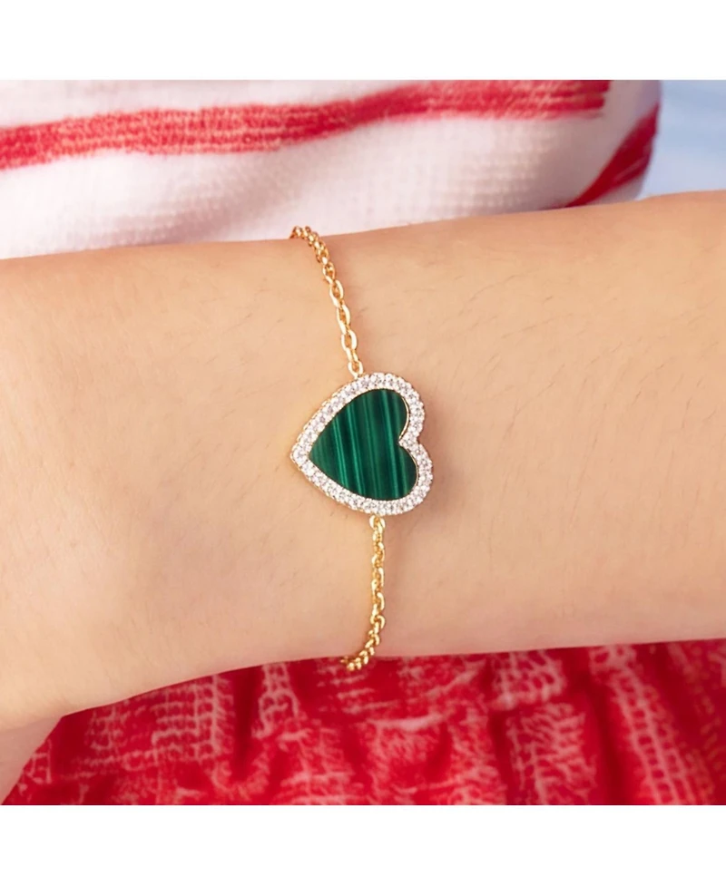 The Lovery Large Malachite Cz Halo Single Heart Bracelet 14K Gold-Plated Sterling Silver