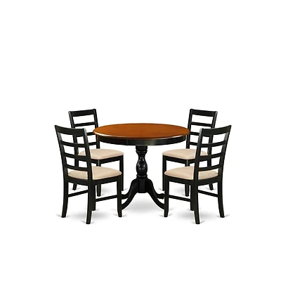 East West Furniture 5-Piece Table Set Consists of a Wood Kitchen Table and 4 Linen Fabric Mid Century Dining Chairs with Ladder Back