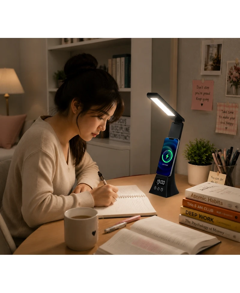 Pursonic 3-in-1 Led Desk Lamp with Wireless Charger and Alarm Clock - Sleek, Smart, and Space-Saving.