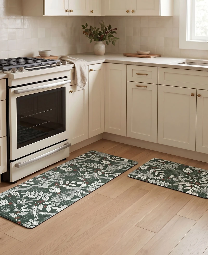 Laura Ashley Christmas Holly Leaves Non-Slip 2-Piece Kitchen Mat