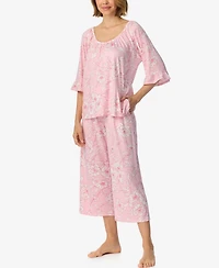 Ellen Tracy Women's Above-Elbow Raglan Sleeves with Ruffle Wide-Leg Cropped Pant Pajama Set