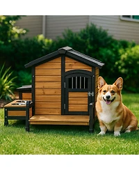 Clihome Large Wooden Dog House with Feeding Station and Storage Outdoor