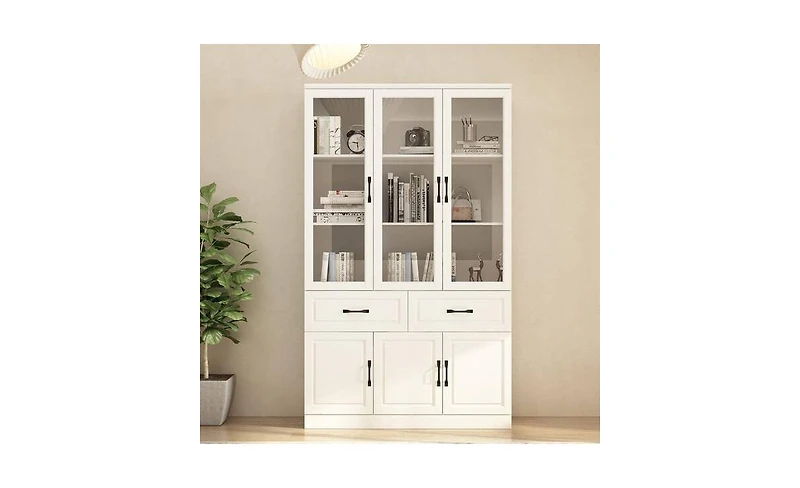 Fufu&Gaga 47.2 in. Wide x 78.9 in. H 8-Shelf Wood Standard Bookcase With Adjustable Shelves, Tempered Glass Doors, Drawers