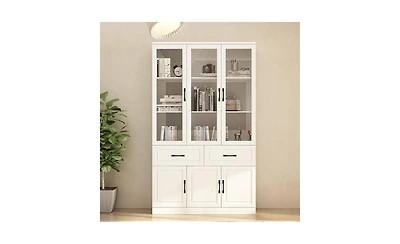 Fufu&Gaga 47.2 in. Wide x 78.9 in. H 8-Shelf Wood Standard Bookcase With Adjustable Shelves, Tempered Glass Doors, Drawers