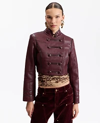 Avec Les Filles Women's Double-Breasted Military-Style Cropped Faux Leather Jacket